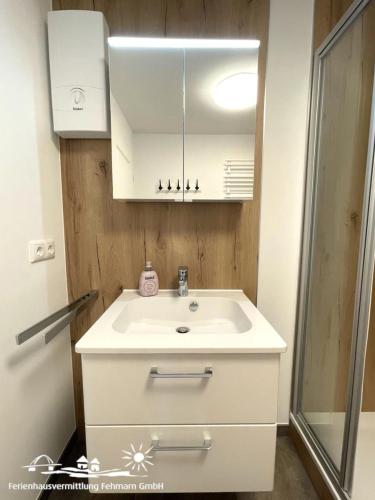 a bathroom with a white sink and a mirror at 13 Ferienwohnung Exklusives Loft in Burg auf Fehmarn