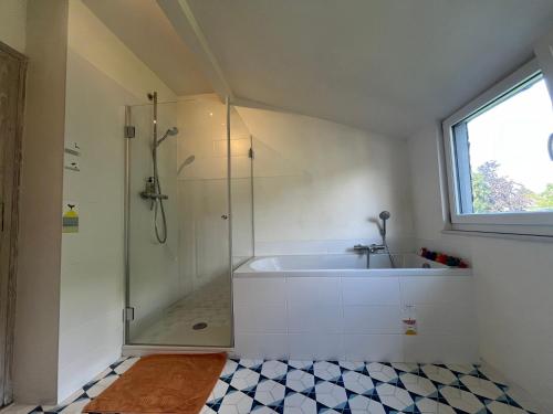 a bathroom with a shower and a sink at Helles Giebelzimmer im Altbau in Cologne