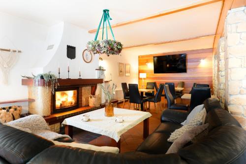 a living room with a couch and a fireplace at Willa Sasanka in Duszniki Zdrój