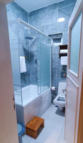 a bathroom with a glass shower and a toilet at Hibe Dede Konak in Ürgüp