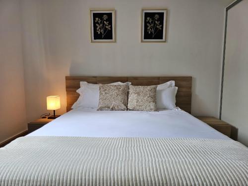 a bedroom with a large white bed with a lamp at T2 cosy avec place de parking in Mamoudzou