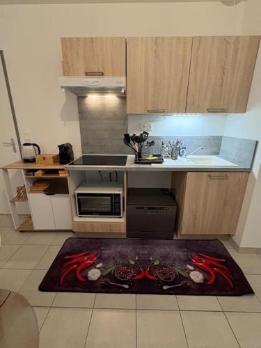a kitchen with a stove and a counter top at Appartement au calme proche du PAL in Digoin