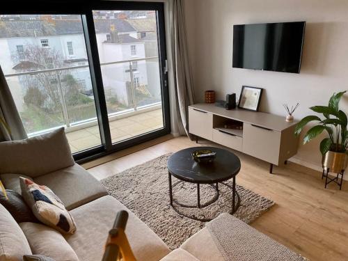 a living room with a couch and a tv at Luxury apartment close to Theatre, Barbican & Hoe 2 kings or 4 single beds secure covered parking in Plymouth