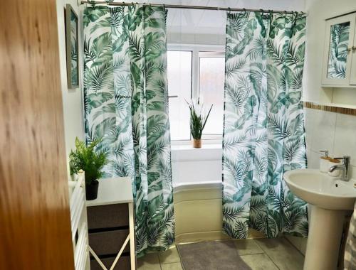 a bathroom with a shower curtain and a sink at Central 1 Bedroom Flat up to 4 near O2 Oxford in Oxford
