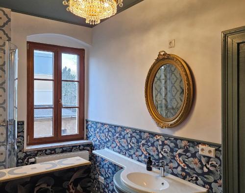 a bathroom with a sink and a mirror and a window at Villa Elbling in Radebeul