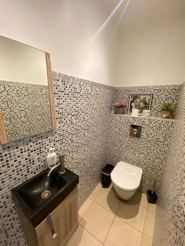 une salle de bain avec un lavabo noir et des toilettes dans l'établissement Maison jasmin Porto Vecchio, à Porto-Vecchio