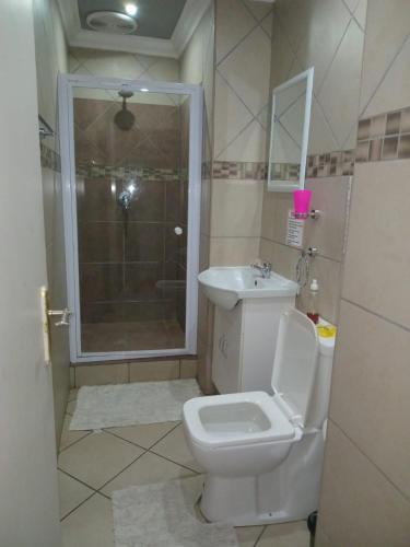 a bathroom with a toilet and a shower and a sink at Grand Central Guesthouse in Rustenburg