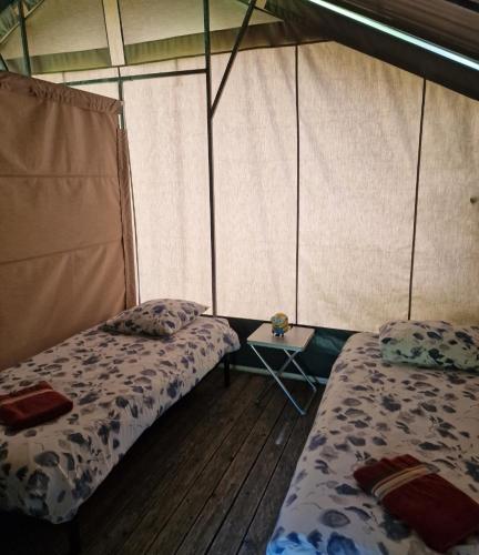 a room with two beds and a table at Le Silence du Midi in Comus