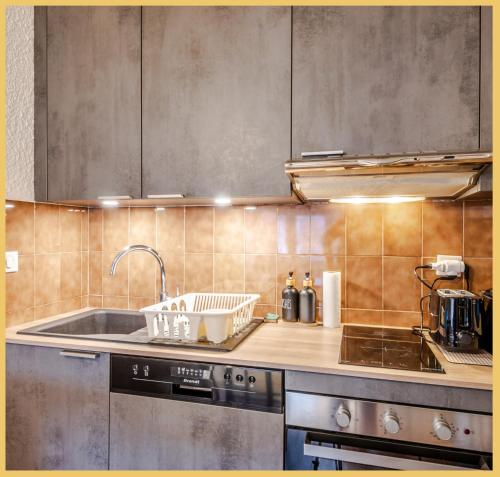a kitchen with a sink and a stove top oven at Chez Noé I T2 I Thonon in Thonon-les-Bains