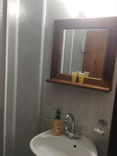 a bathroom with a white sink and a mirror at Ey-Giann in Karpenision