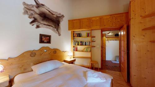 Un dormitorio con una cama y una estantería. en Apartment La Dmura, en Samedan