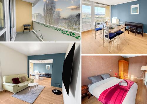 un collage de photos d'une chambre et d'un salon dans l'établissement Spacieux, Wi-Fi ultra rapide et parking privé, à Compiègne