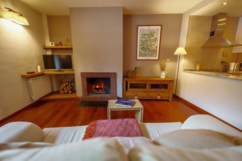a living room with a couch and a fireplace at Apartament Vega - Vall Fosca - L'Amfitriona in Espúy