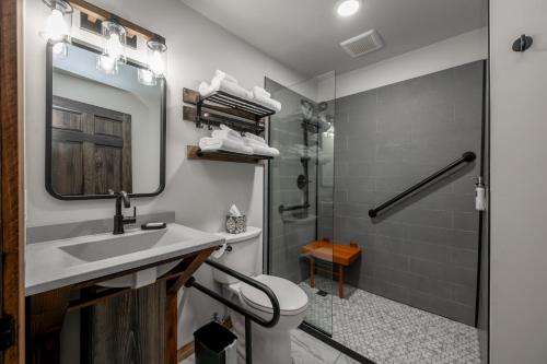a bathroom with a sink and a toilet and a shower at Cove Creek Lodge 208 Accessible Double Queen Room ADA in Oakland