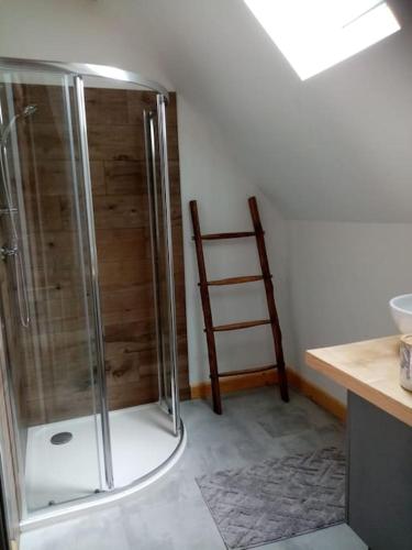 une douche avec une porte vitrée dans une salle de bain dans l'établissement La grange de Baffol, à Saint-Chamarand