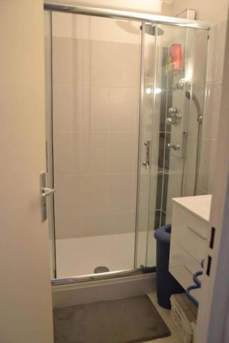 une douche avec une porte vitrée dans une salle de bain dans l'établissement Appartement centre d'Arcachon à 400 m de la plage, à Arcachon