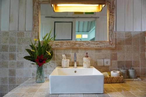 a bathroom with a white sink and a mirror at Purwa Ijen in Banyuwangi