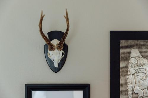 a skull with antlers on a wall next to a picture at Bauergården in Gränna