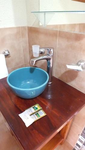 a bathroom sink with a blue bowl on a wooden counter at Iguazú Urban Hotel Express in Puerto Iguazú