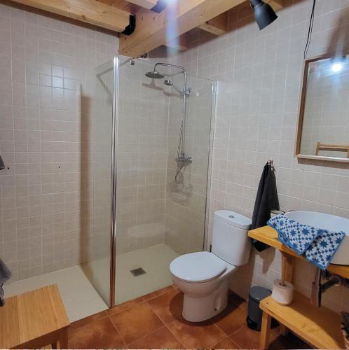 a bathroom with a shower and a toilet and a sink at Puerto de la Serrana in Jerte