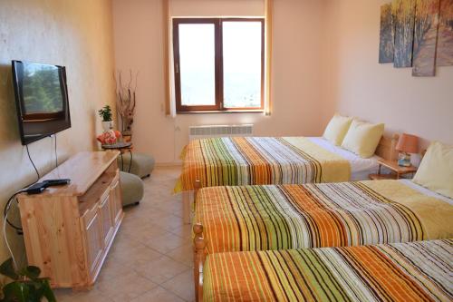 a room with two beds and a flat screen tv at Panorama Stoykite Yana apartment in Pamporovo