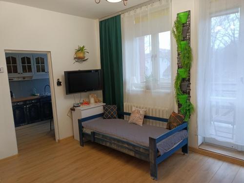 een woonkamer met een bank en een tv bij Duża kawalerka Kossaka 12B -balkon -dla max 4osób przy galeri kasztanowa Centrum in Piła