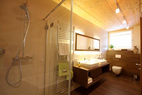 ein Bad mit einem Waschbecken, einer Dusche und einem WC in der Unterkunft Apart Belmont in Pfunds