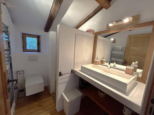 une salle de bain avec un lavabo, des toilettes et un miroir dans l'établissement Villa de type bergerie 3 chambres avec piscine, à Sotta