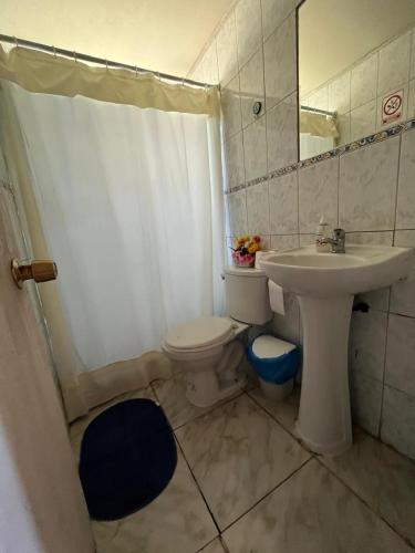 a bathroom with a sink and a toilet and a mirror at Cabañas Morito Pichilemu in Pichilemu
