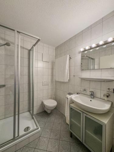 a bathroom with a shower and a sink and a toilet at Ferienwohnung 5-Täler in Bartholomäberg