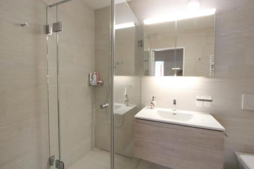 a bathroom with a shower and a sink and a mirror at Skyline House Ferienapartments in St. Moritz