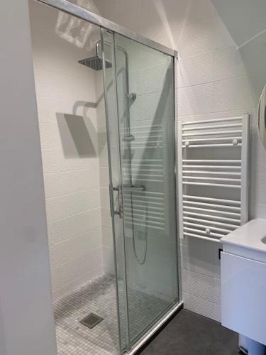 une douche avec une porte vitrée dans une salle de bain dans l'établissement Manoirs du Golf domaine privé 3 chambres, à Tourgéville