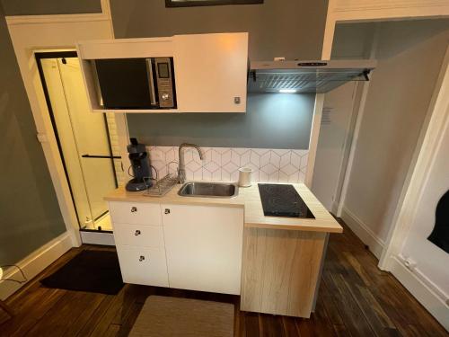une petite cuisine avec un évier et un micro-ondes dans l'établissement Rubis 1, à Vichy