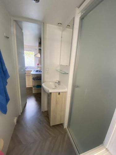 une salle de bain blanche avec une douche et un lavabo dans l'établissement Lac Des Reves Monparadis 58, à Lattes