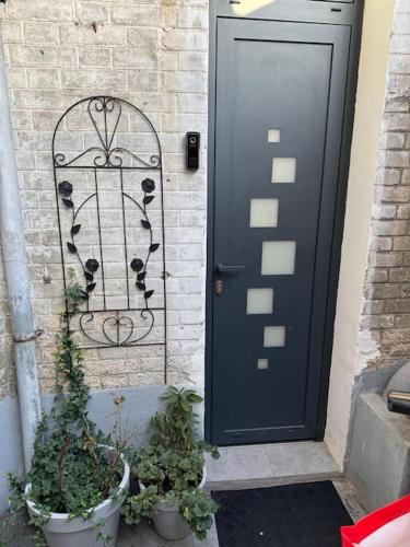 une porte noire avec deux plantes en pot devant elle dans l'établissement studio portes de paris - Arago, à Saint-Ouen