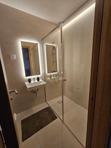 a bathroom with a shower and a sink at Skyline Cozy Suites in Novi Sad