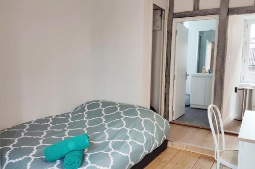 - une chambre avec un lit doté d'oreillers verts dans l'établissement Le Cypri'Un - Cosy - Calme, à Poitiers