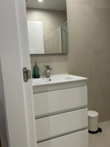a bathroom with a white sink and a mirror at Apartamentos Gravina in Madrid