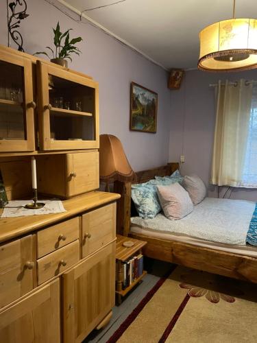 a bedroom with a bed and a dresser at Chatka Oli in Zubacze