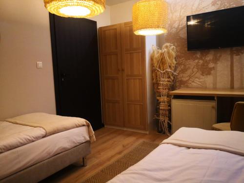 a room with two beds and a tv in it at Klimatyczne pokoje na Ligonia in Turza Śląska