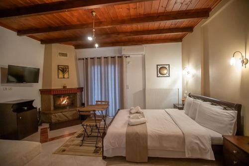 sypialnia z łóżkiem, biurkiem i kominkiem w obiekcie Guesthouse Moucha w mieście Moúcha
