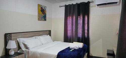 a bedroom with a bed and a purple curtain at EAGLE WEAVERS NEST in Livingstone
