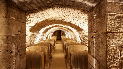 a row of wine barrels in a tunnel at Prosper Maufoux - Château de Saint-Aubin in Saint-Aubin