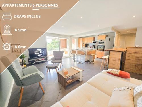 un salon avec un canapé et une table dans l'établissement Vacances, apéros & plage à deux pas !, à Toulon