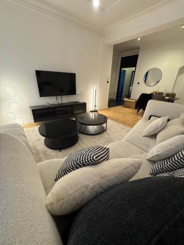 un salon avec un canapé et une télévision à écran plat dans l'établissement Boulevard des Belges, Cœur du sixième, à Lyon