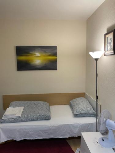 a room with a bed and a picture on the wall at London Single Rooms Female only Kings Cross Eurostar St Pancras International Station Camden Euston all nearby check in from 1230 PM till 3AM in London