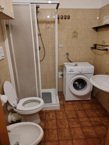 a bathroom with a shower and a toilet and a sink at La casa di Antonello Chiara Alessandro e Ginevra in Malga Ciapela