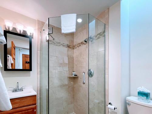 a bathroom with a shower and a sink at Copley House in Boston