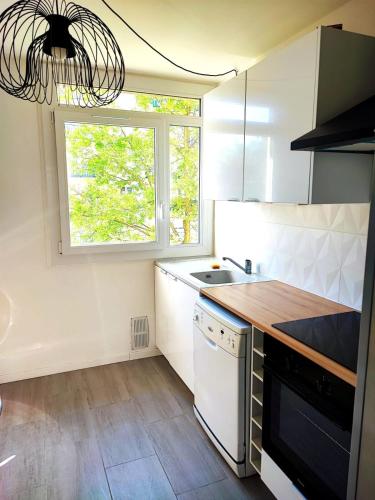 une cuisine avec un évier et une fenêtre dans l'établissement appartement spacieux 3 chambres, à Savigny-sur-Orge
