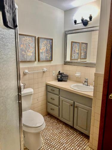 a bathroom with a toilet and a sink at Cedar Wood Lodge Wkayaks & Canoes, Outdoor Dining in Karnack